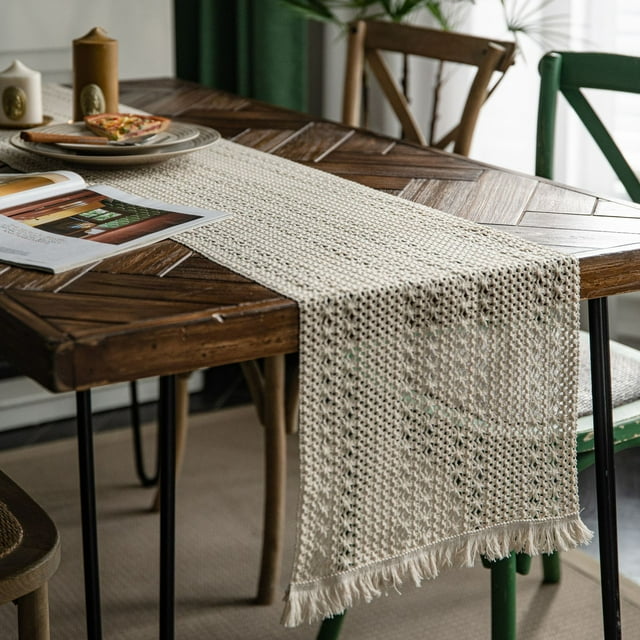Xiao Hua 1 mantel de algodón y lino con empalme de color sólido, tejido blanco con borlas, material natural, decoración de escritorio, 50 x 30 cm