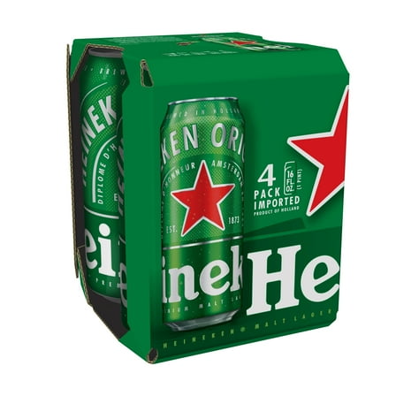 Heineken Original Netherlands Lager Import Beer, 4 Pack, 16 fl oz Cans, 5% ABV