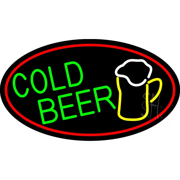 Cold Beer And Mug Oval With Red Border LED Neon Sign 20 x 37 - inches, Clear Edge Cut Acrylic Backing, with Dimmer - Bright and Premium built indoor LED Neon Sign for Bar decor.