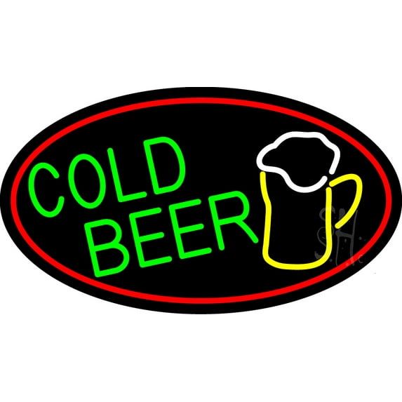 Cold Beer And Mug Oval With Red Border LED Neon Sign 13 x 24 - inches, Clear Edge Cut Acrylic Backing, with Dimmer - Bright and Premium built indoor LED Neon Sign for Bar decor.