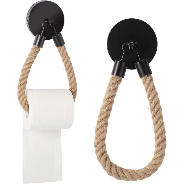 Wall-mounted rope toilet paper holder, toilet paper roll holder, wall-mounted toilet paper dispenser, vintage wood, metal and hemp rope