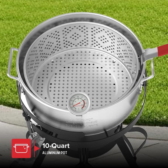 Propane Deep Fryer with 10Qt Aluminum Crawfish Boiler Pot & Strainer Basket for Turkey, Seafood, and More, 58,000 BTU Turkey Fryer Burner, CSA Approved Outdoor Deep Fryer - 840-0008