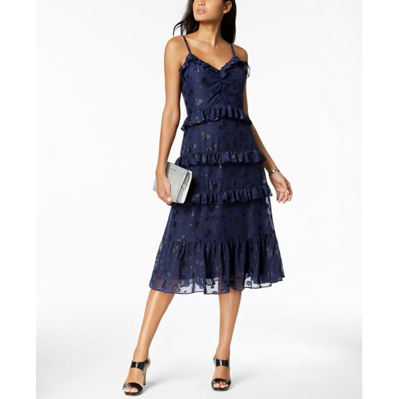 Michael Michael Kors Printed Jacquard Ruffled Dress True Navy PXS