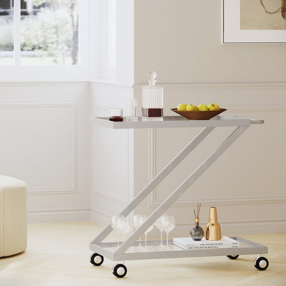 Cool Translucent Glass Shelved Bar Cart With Iron Base, Silver Finish Hip Robust Metal Construction And Shatterproof Glass, 18.61inw,