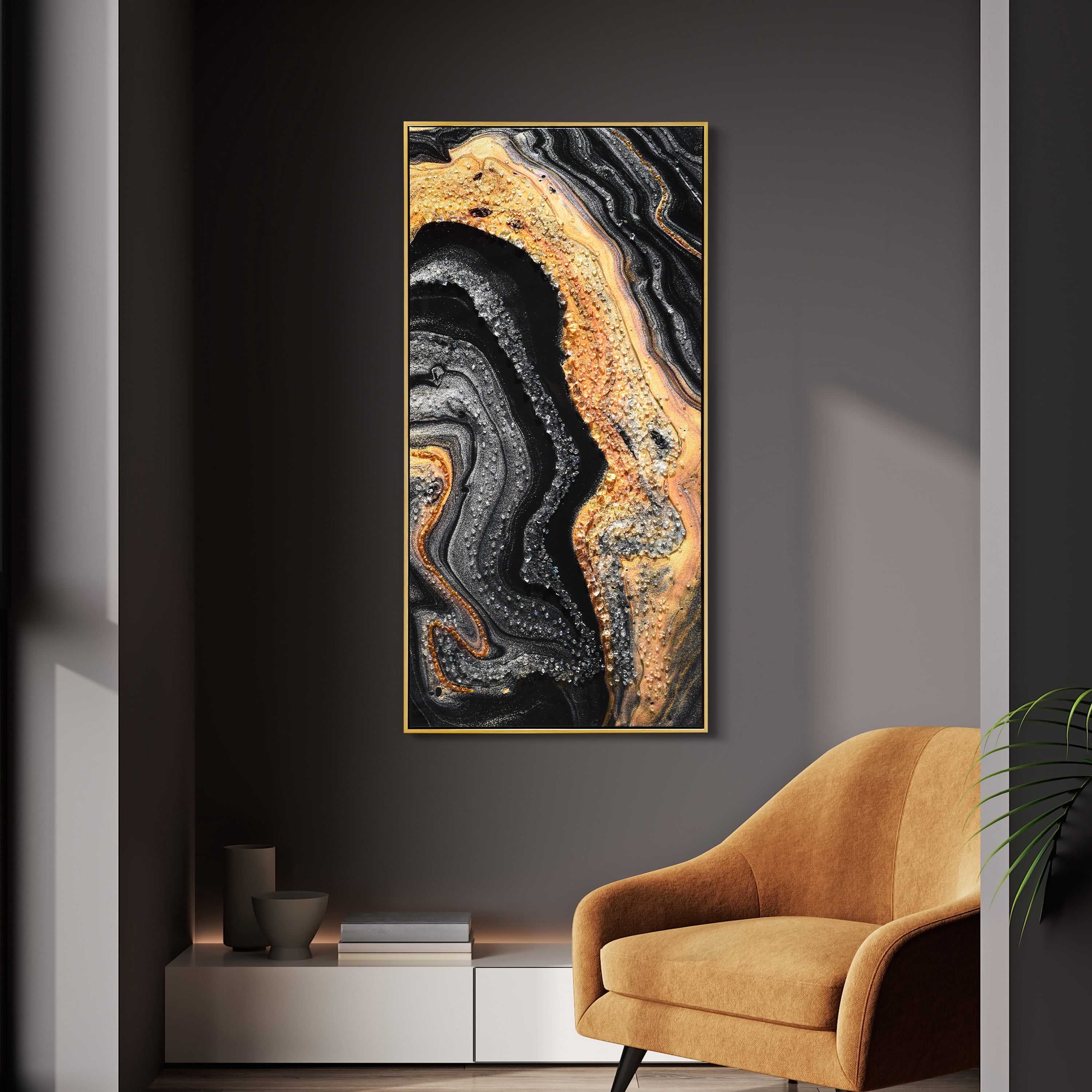 "Golden Veins IV" Crystallus Epoxy Coated Wrapped Framed Glossy AbstractCanvas Wall Art with Heavy Acrylic Crystal Shards Embellishments