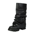 thumbnail image 4 of Slouchy Wide Mid Calf Fold Over Boots for Women 2025 Fashion Ruched Leather Platform Chunky Heel Tall Boots, 4 of 6