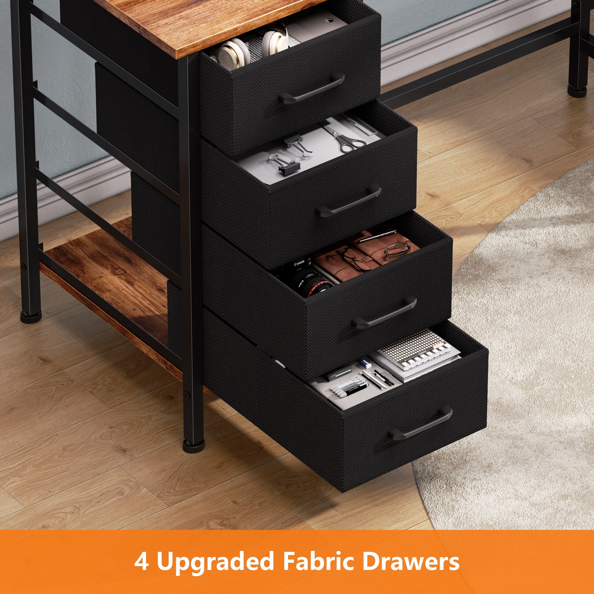 Satifur 59" L-Shaped Desk with Power Outlets, 4 Fabric Drawers & 2 Monitor Stands, Convertible Two Person Home Office Desk, Rustic Brown