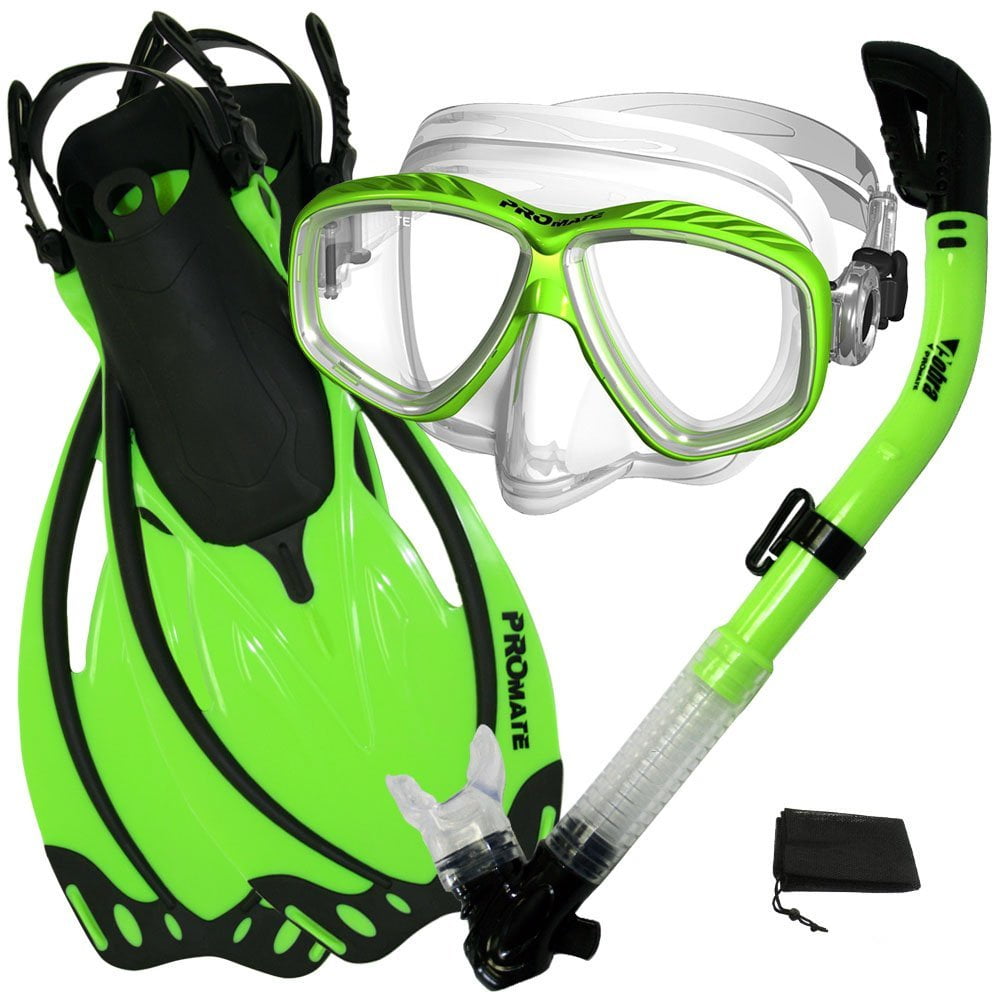 Snorkeling Set Scuba Dive Gear Snorkel Mask Diving Fins Set, Green, SM