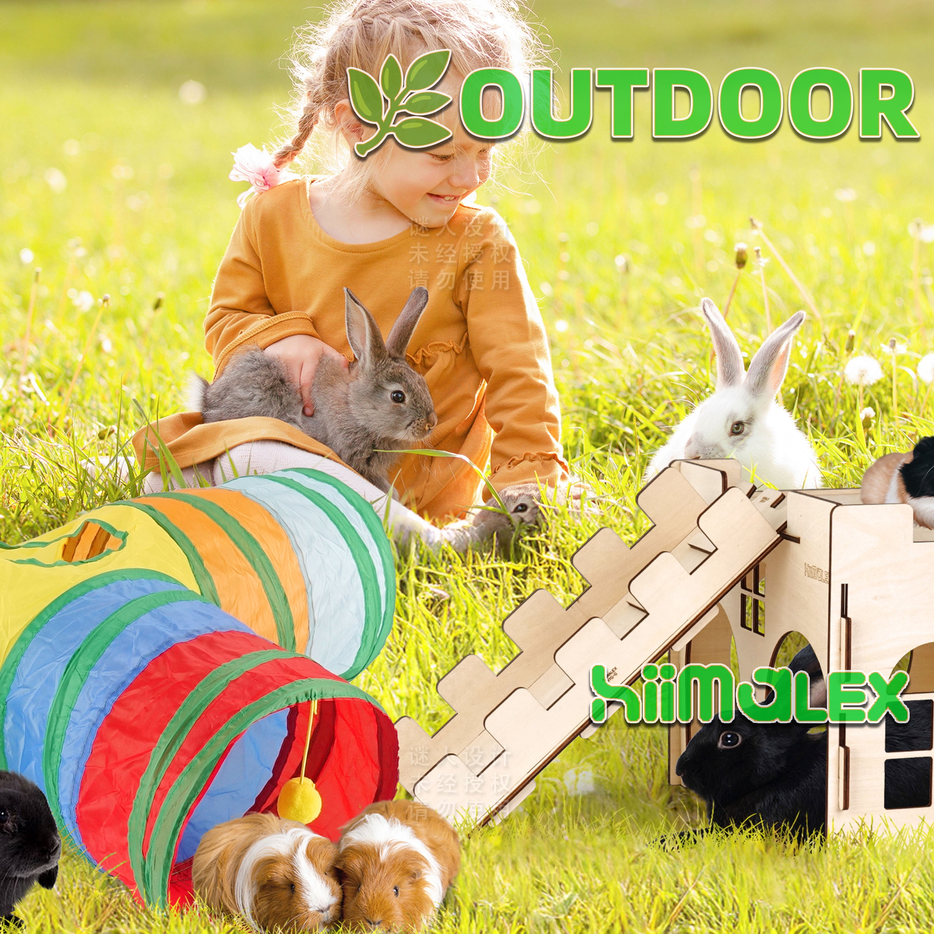 HIIMALEX Castle&Tunnel&Bed 3-in-1 Bunny's Gift Box: Extra Large Wooden Bunny Hideout with Ramp, Collasiple Tunnel and Soft Bed for Rabbit Guinea Pig Ferret Gerbil Hedgehog to Play Hide and Rest