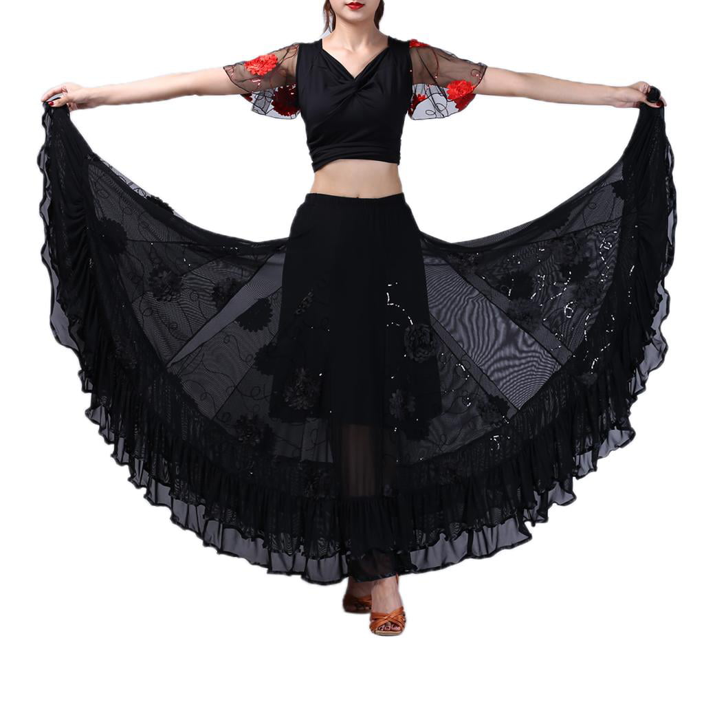 BLACK 12 YARD 4 TIERED COTTON Belly Dance DESIGNER EMBROIDERY SKIRT FLAMENCO 