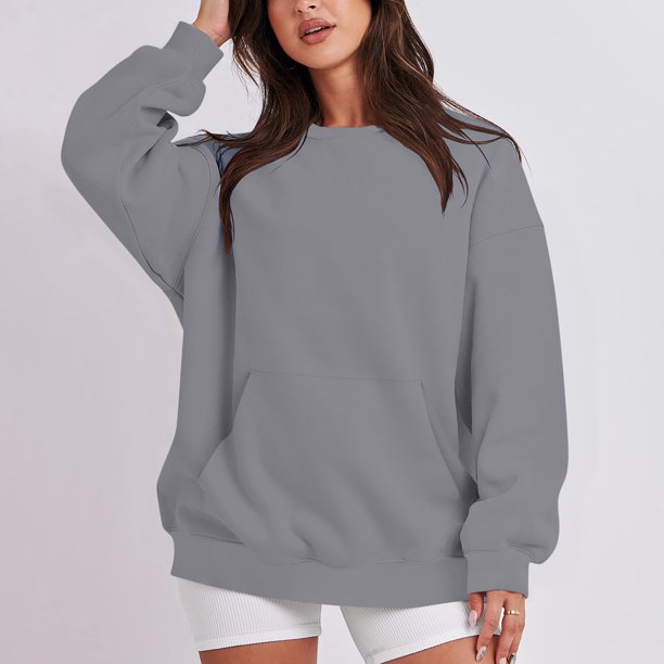 ICHUANYI Clearance Fashion Women Comfortable Casual Pocket Color Long Sleeve Round-Neck Blouses T-shirt Tops(Gray, L) ICHUANYI WER2023081511745