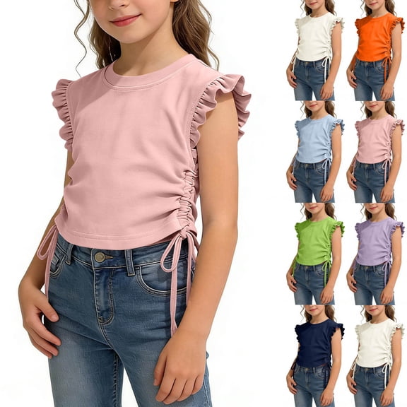 BOVXNPU Girls Tank Tops Sleeveless T-shirts Solid Round Neck Tank Top Side Drawstring Girls Style Summer Tops