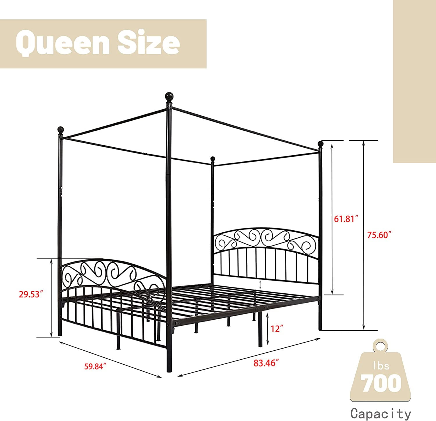 Aufank  Classic Metal Canopy Bed Frame, Easy Assembly Black Queen