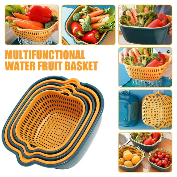 SugarBloom 6-Piece Kitchen Strainer Set, Multifunctional Vegetable and Fruit Basket with Pasta Strainer, 3 Sizes Double-Layer Colanders for Washing and Draining,blue and green