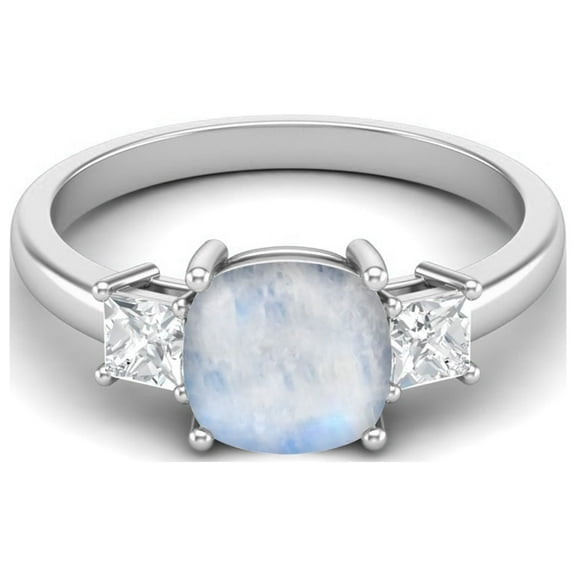 Mooneye 925 Sterling Silver 7mm Cushion Moonstone Three Stone Engagement Women Gifts Ring