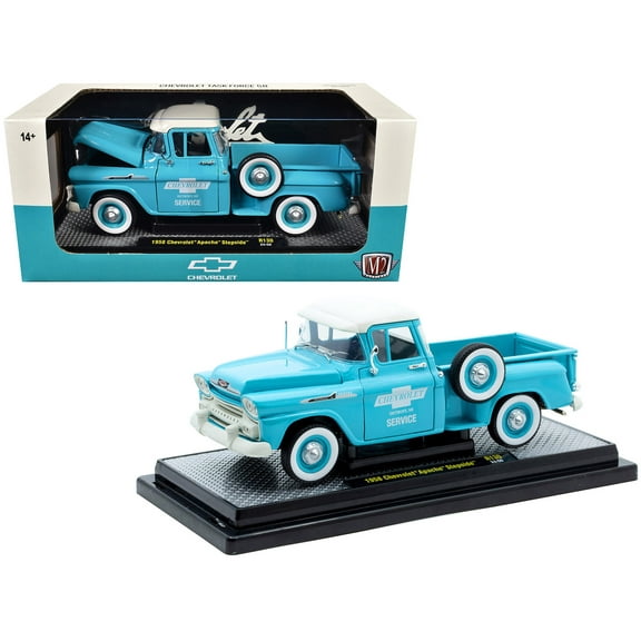 1958 Chevrolet Apache Stepside Truck "Chevrolet Service" Light Blue with White Top 1/24 Die Cast Model Cars by M2 Machines
