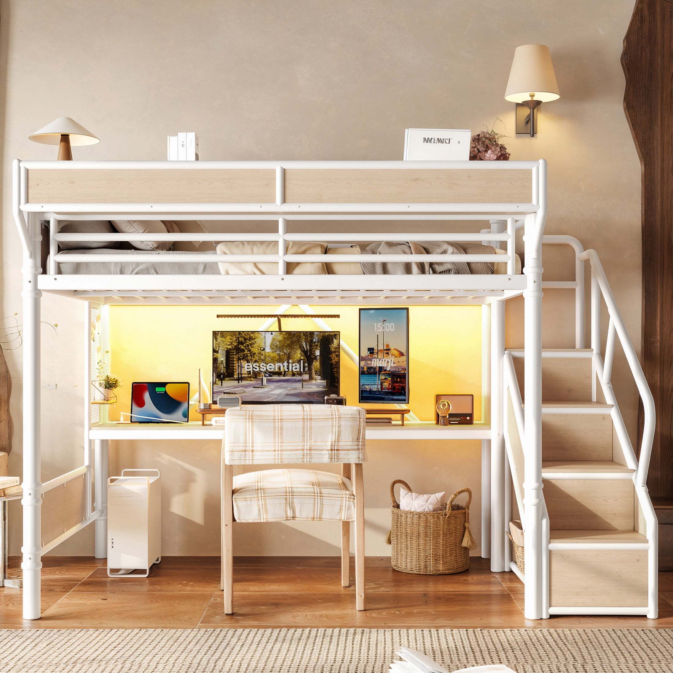 GDF Studio Queen Size Metal Loft Bed with Desk, Power Outlet, LED Light, Storage & Wardrobe, White