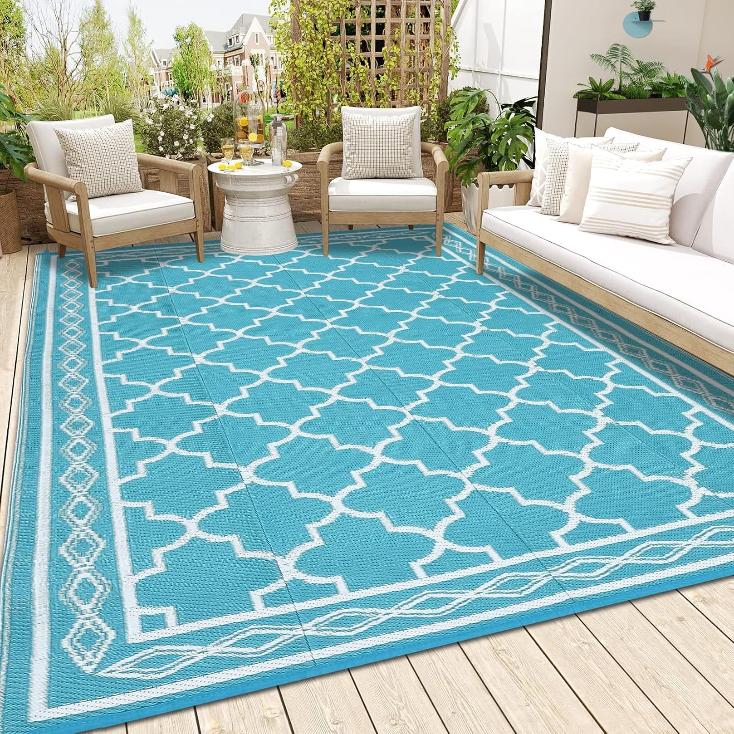 Memoryfield Waterproof Outdoor Rug 9x18ft for Patios, Plastic Straw Rug Outside Carpet Mats for Picnic, Backyard, Deck, Balcony, Porch, Beach, Light Blue & White