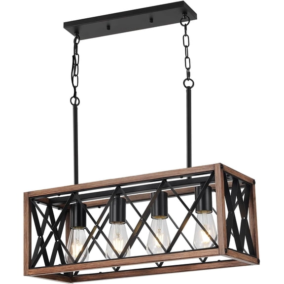 4-Light Farmhouse Linear Chandelier for Dining Room,Adjustable Rustic Pendant Light with Wood Grain Finish for Kitchen Island & Dining Table,Farmhouse Kitchen Lighting fixtures Ceiling.