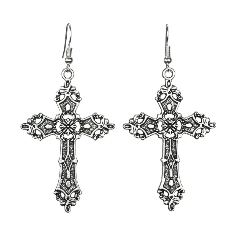 WOMENS GOTHIC HANDMADE SILVER FILIGREE LARGE CROSS DROP EARRINGS WITH BLACK ROSE