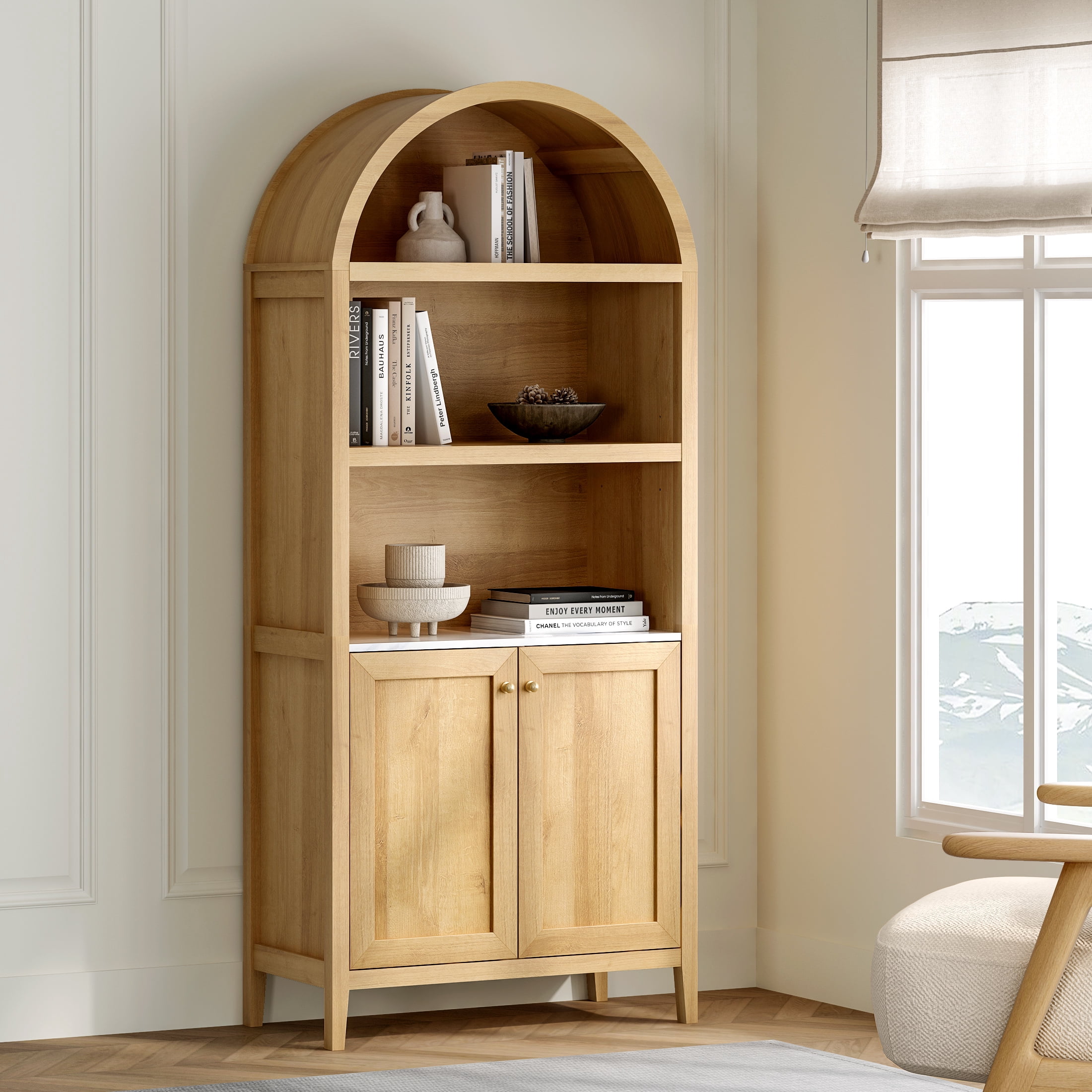 EYYTHUNG 71" Tall Arched Cabinet Modern Farmhouse 5-Tier Arched Bookcase Storage Display Cabinet with Faux Marble Top, Natural Oak