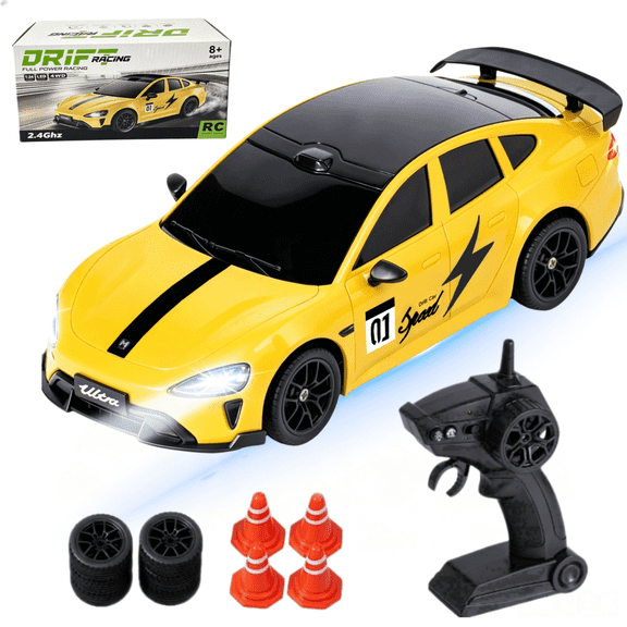 KIVDIT 1:24 4WD RC Drift Car, 2.4GHz 6CH Remote Control Race Car, Comes with Drift Tires, LED Lights and Racing Cones, Gift for Kids Ages 8-12