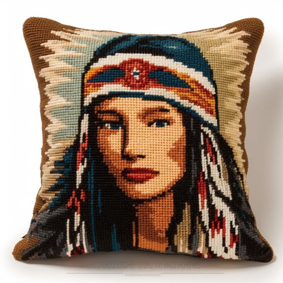 American Native Indian Woman Latch Hook Pillow Kits for Beginner Needle Crochet Yarn Kits with Stamped Canvas Embroidery Cushion DIY Hook and Latch Throw Pillow 43x43cm(2)