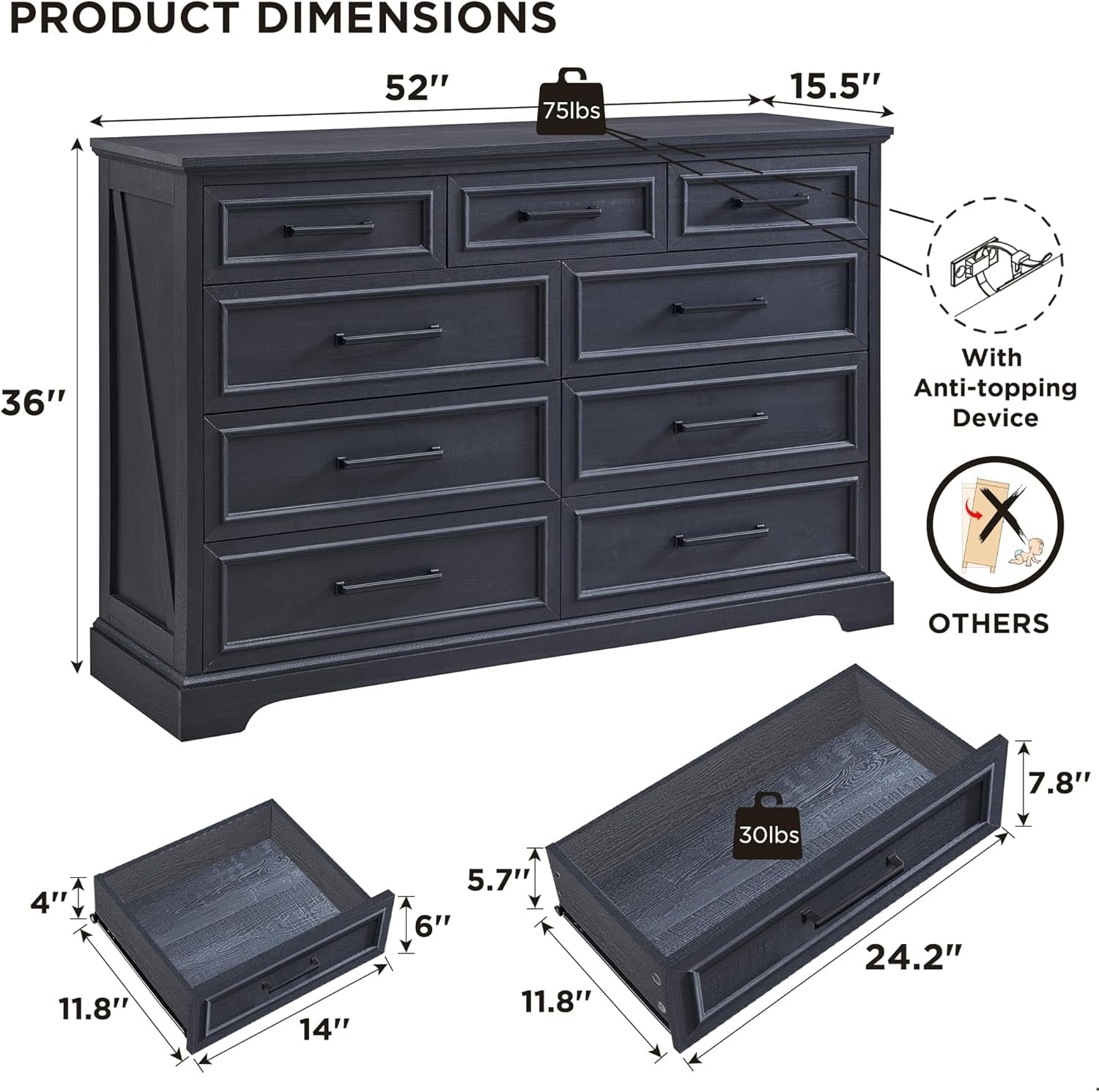 ACCOHOHO Farmhouse 9 Drawers Dresser, Rustic Wood Dresser Chest of Drawers for Bedroom, TV Stand with Large Drawers for Living Room, Black