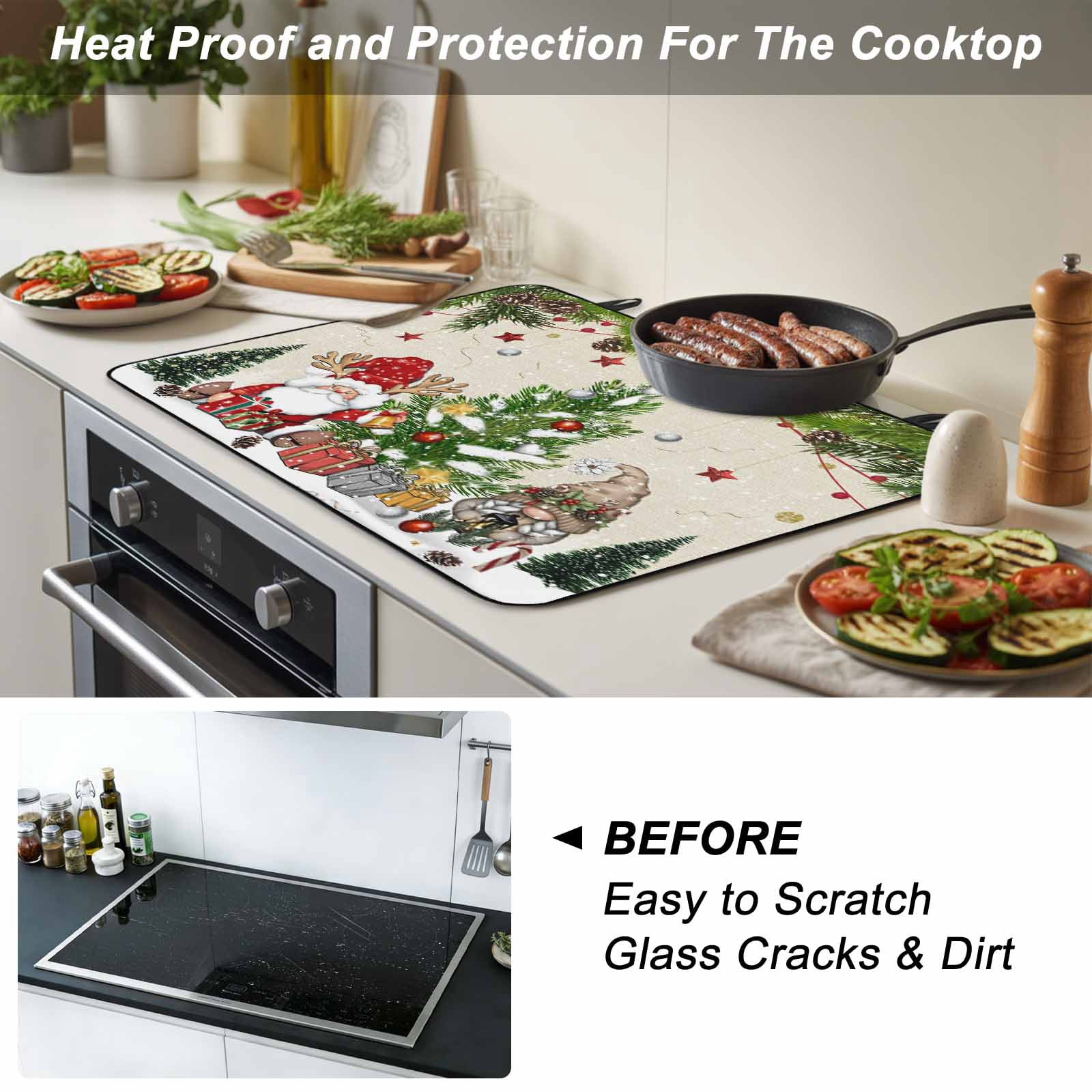 Beige Christmas Stove Top Cover for Electric Stove, Heat-proof & Non Slip Glass Top Stove Cover Protector, Gnomes Xmas Tree Snowflake Winter Gifts Rustic Kitchen Flat Cooktop Rubber Mat 24x21 Inches