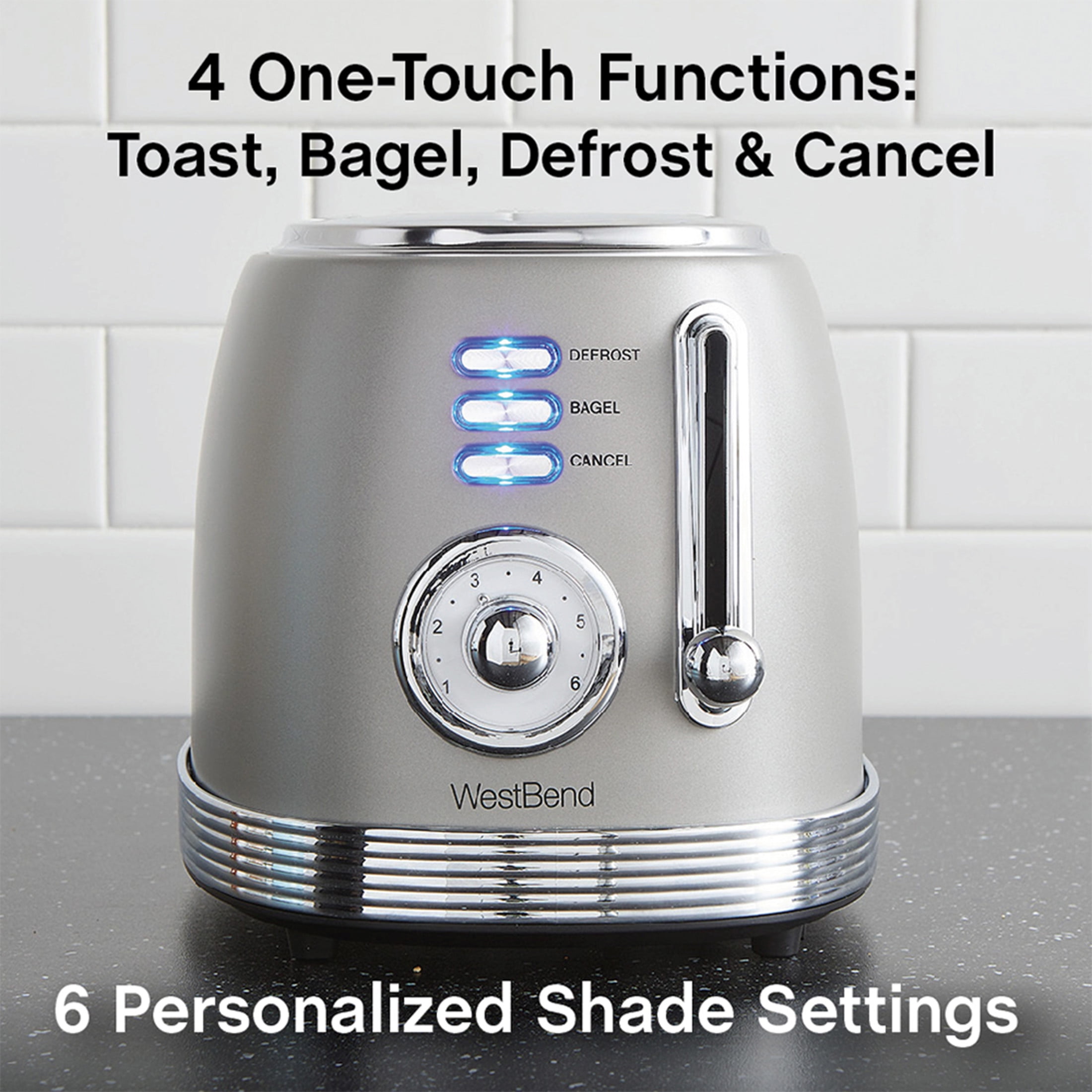 West Bend Retro-Styled 2-Slice Toaster with 4 Functions and 6 Settings, in Gray (TTWBRTGR13)