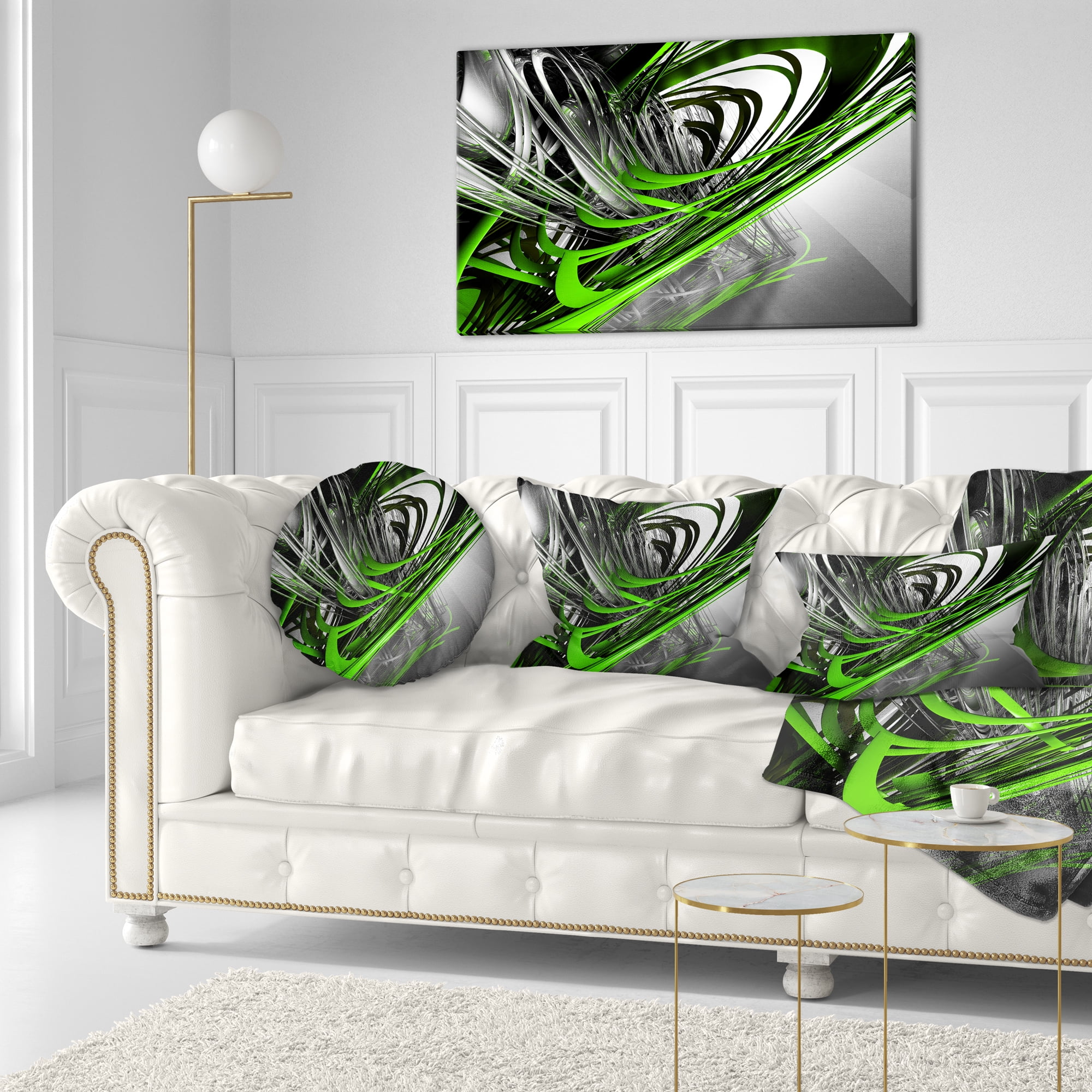 Designart Fractal 3D Green Silver Stripes - Abstract Throw Pillow - 12x20