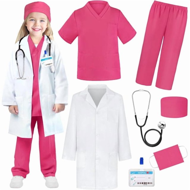 Doctor Costume for Kids - Scrubs, Stethoscope, Lab Coat - Halloween Costume, Professional Day Costume for Girls 3-12 Years 7-8 Years 7-8 Years Rose