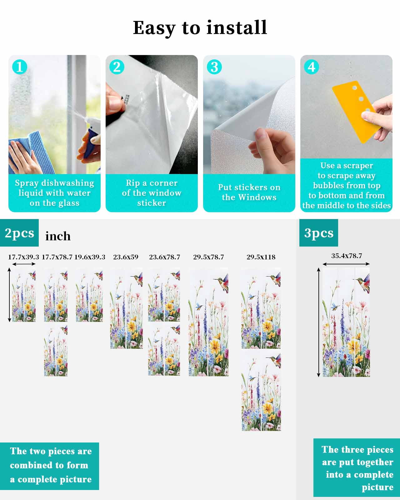 Window Privacy Film Hummingbird Floral Stained Glass Window Film Decorative Sun Block Window Cover Farmhouse Floral Botanical Window Clings Static Adhesive Sticker for Bathroom 29.5"x78.7"