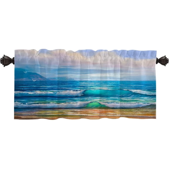 Blue Green Tropical Beach Valance Curtains,Seagull Window Treatment Kitchen Valances Multilayer Polyester Blackout for Living Room/Bathroom, 52x18 inches