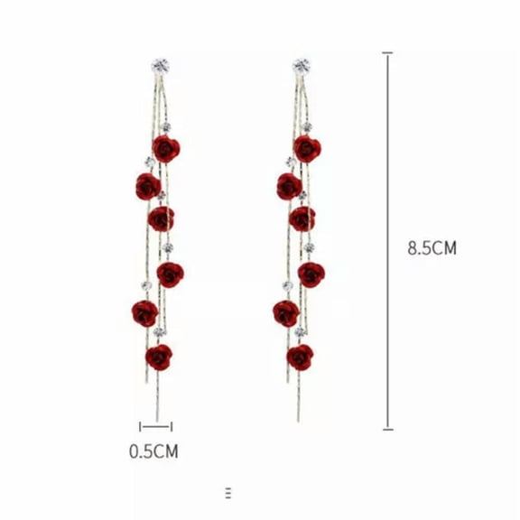 GKNET 2021 Red Rose Drop Earrings Long Tassel Dangle Women Wedding Party Delicate Jewelry Gift-Red