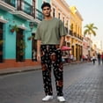 thumbnail image 4 of Men's pajama pants with brown football and playbook pattern on black background， soft home pajama pants， casual and comfortable loose fit pajama pants， elastic waistband, 4 of 10