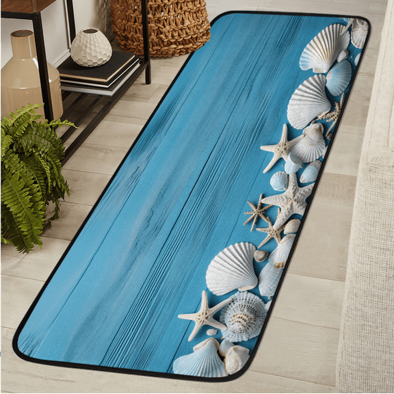 CURLYOOT Starfish Seashell Wooden Runner Rug 2'x6' Washable Kitchen Runner Rug Indoor Non Slip Laundry Rugs Floor Carpet for Hallway Kitchen Entryway Bedroom Living Room