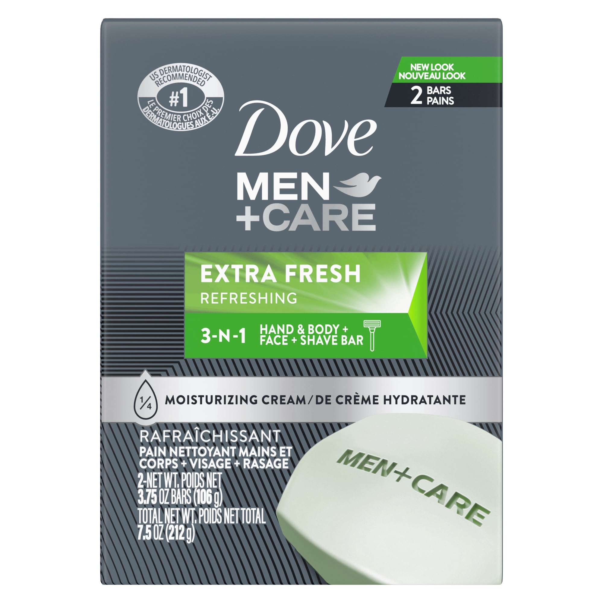 Dove Men+Care Bar 3 In 1 Cleanser For Body, Face, And Shaving To Clean And Hydrate Skin Extra Fresh Body And Facial Cleanser More Moisturizing Than Bar Soap ,3.75 oz 2 Bars