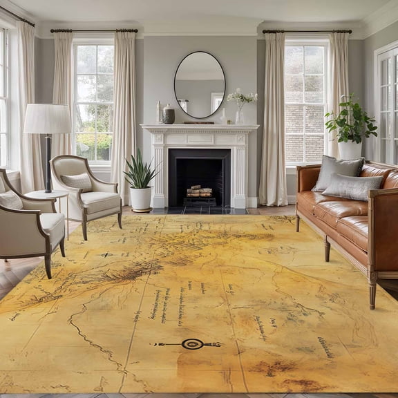 Vintage Map Large Area Rug 8x10 FT, Non Slip Living Room Throw Carpet, Middle Century Farmhouse Natural Landscape Washable Soft Indoor Outdoor Carpet Non-Shedding Rug for Bedroom Dining Room