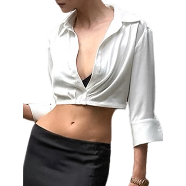 Women'S Long Bell Sleeve Cropped Button Down Shirts Collared Crop Blouses Tops White L