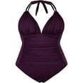 thumbnail image 4 of Women‘s Summer Swimsuit Jumpsuit  Solid Color V-Neck Ruched Triangle Bikini Slim Fit Beachwear, 4 of 7
