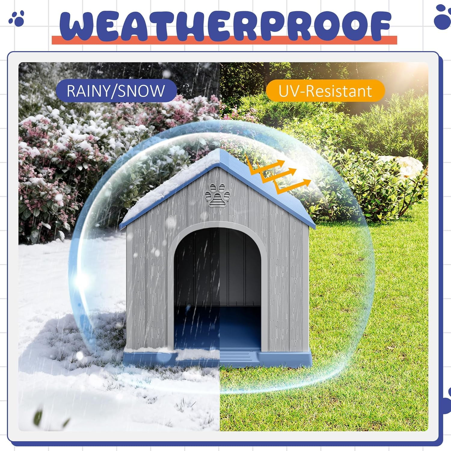 Dog House Outdoor Indoor, Plastic Small Dog House-Weatherproof Design with Air Vents & Elevated Floor for Small to Medium Dogs, Easy Clean and Assemble (Blue)