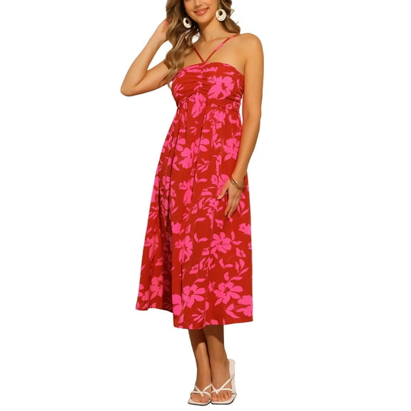 INSPIRE CHIC Casual Floral Dress for Women's Smocked Sleeveless Beach Midi Dresses XS Red