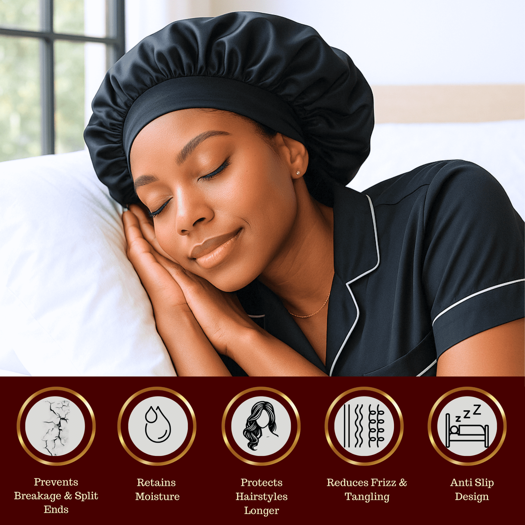 Unisex Frizz-Free Moisture Retention Charmeuse Silk Satin Sleep Hair Bonnet, Black
