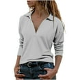 thumbnail image 2 of Women's Trendy Collar Tunic Tops Solid Casual Long Sleeve V Neck Shirts Slim Fit Petite Lightweight Pullover Tees Gray S, 2 of 5