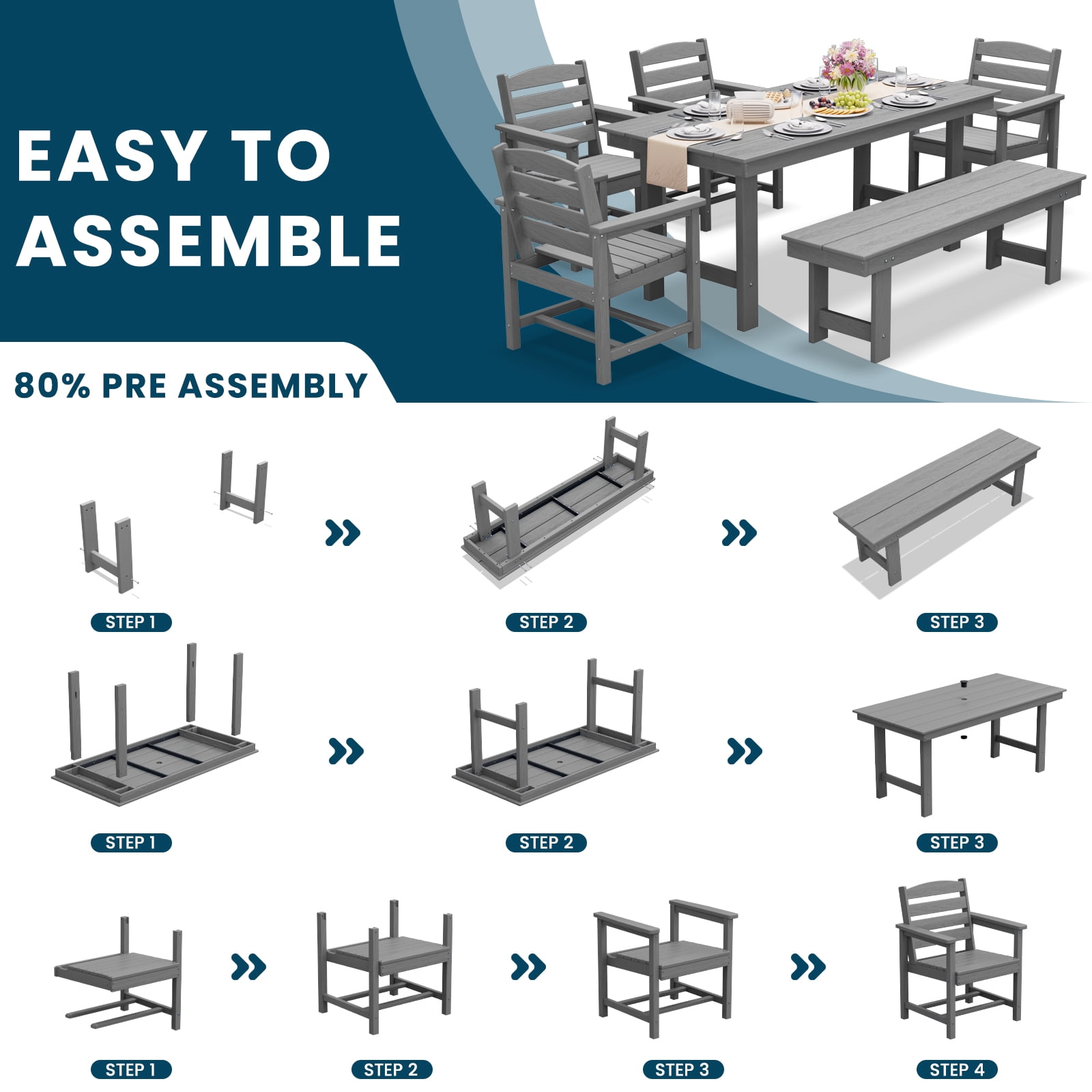 LOYALICE 6 Pieces Patio Furniture Set, HDPE Outdoor Dining Table Set with 1 Bench, 4 Chairs, Durable and Weather-Resistant for Patio, Garden and Balcony Use, Gray