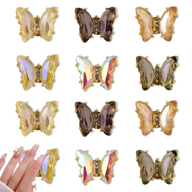 12 piezas de adornos 3D para uñas, mariposas 3D, diamantes de imitación, cristales de cristal, mariposas giratorias, gemas de metal, decoración con purpurina, accesorios para uñas