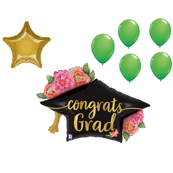 LOONBALLOON Graduation Grad Theme Balloon Set, 39 Inch Grad Watercolor Floral Cap Balloon, Star Foil and 5x Latex Balloons