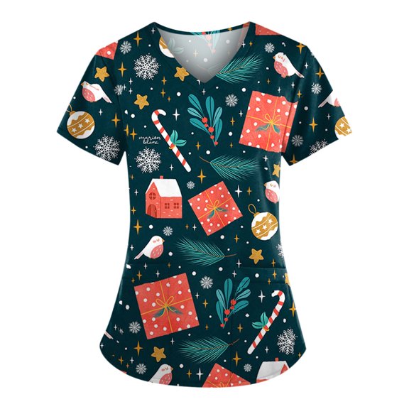 Lolmot Christmas Scrubs for Women Xmas Cute Print Stretchy V-Neck Short Sleeve Holiday T-Shirt Lightweight Working Uniform Medical Scrub Tops with Pockets