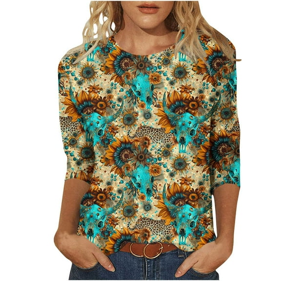 successthop Plus Size Blouses for Women 3/4 Sleeve Shirt Lightweight Oversized Crewneck African Print Stylish Clothes